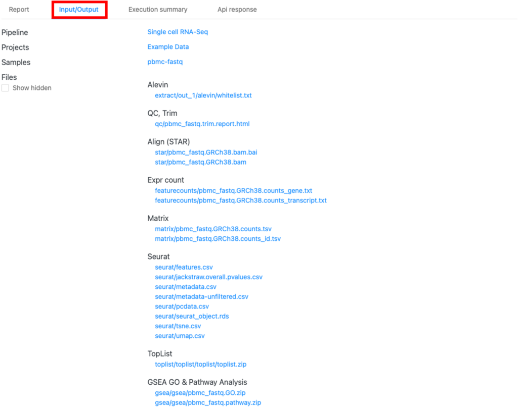 シングルRNA-seqパイプラインによって生成されたすべてのアウトプットファイルは、「Input/output 」タブ（下図の赤枠）にあります