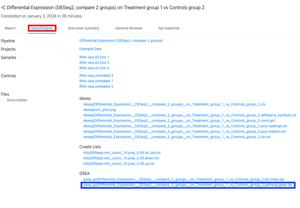 図1.「Input/output」ページのアウトプットファイル。