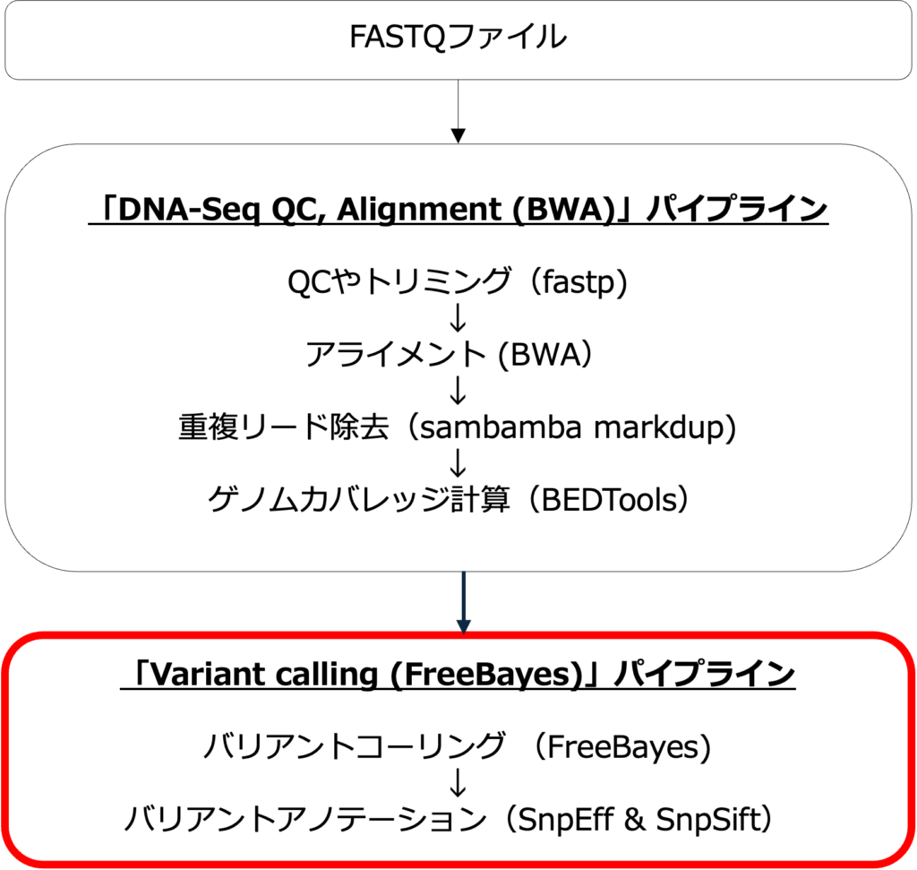図1. Freebayesパイプラインのワークフロー。